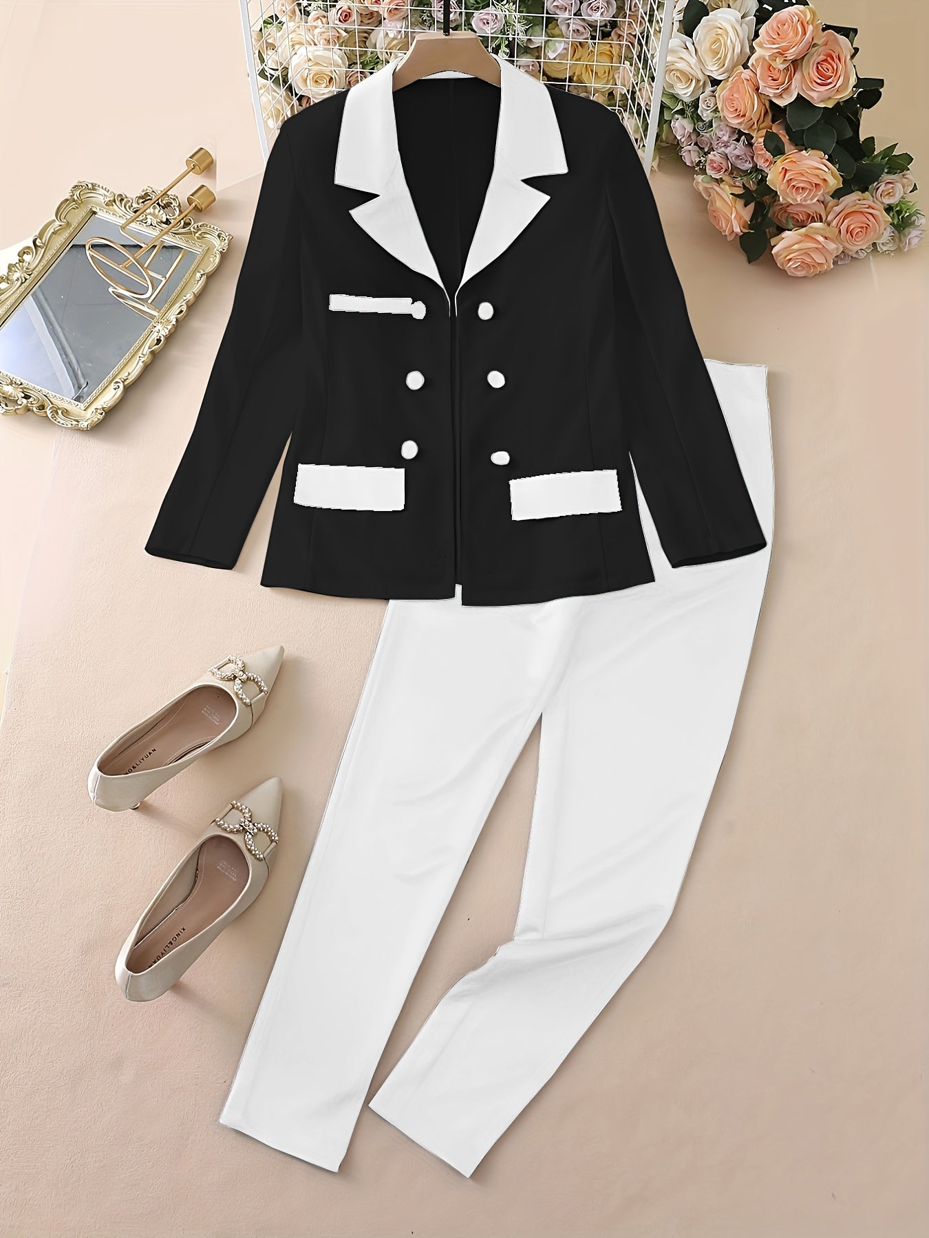two-piece Color Block Blazer & Straight Leg Pant Set for Women, Casual Button-Front Blazer & Pants Outfit